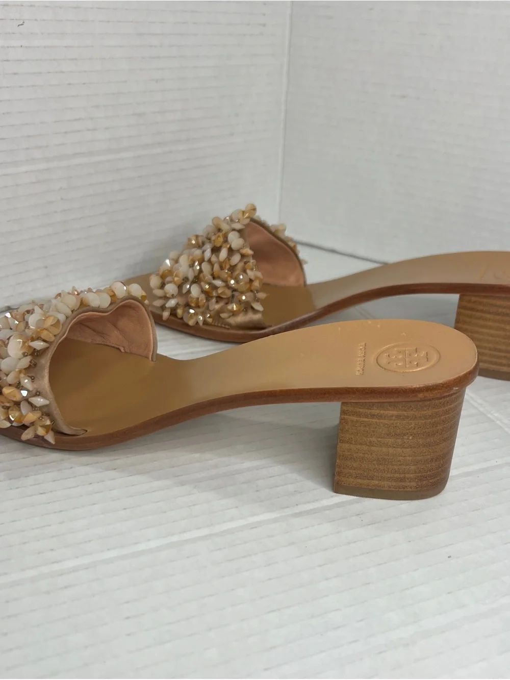 Tory Burch Beaded Rose/Neutral Tan Slide Mules Sandals